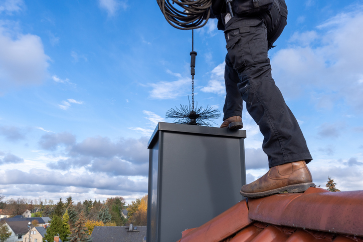 Professional chimney sweep with brush